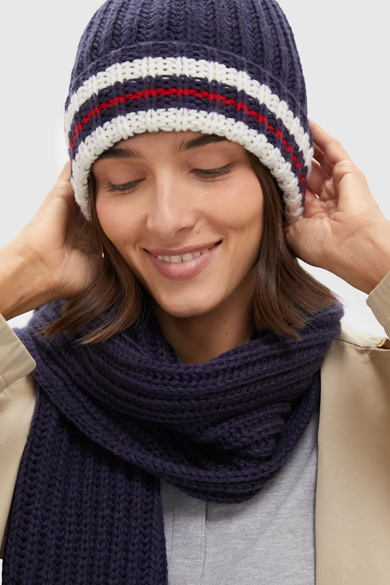 Navy Stripe Chunky Knit Hat and Scarf Set