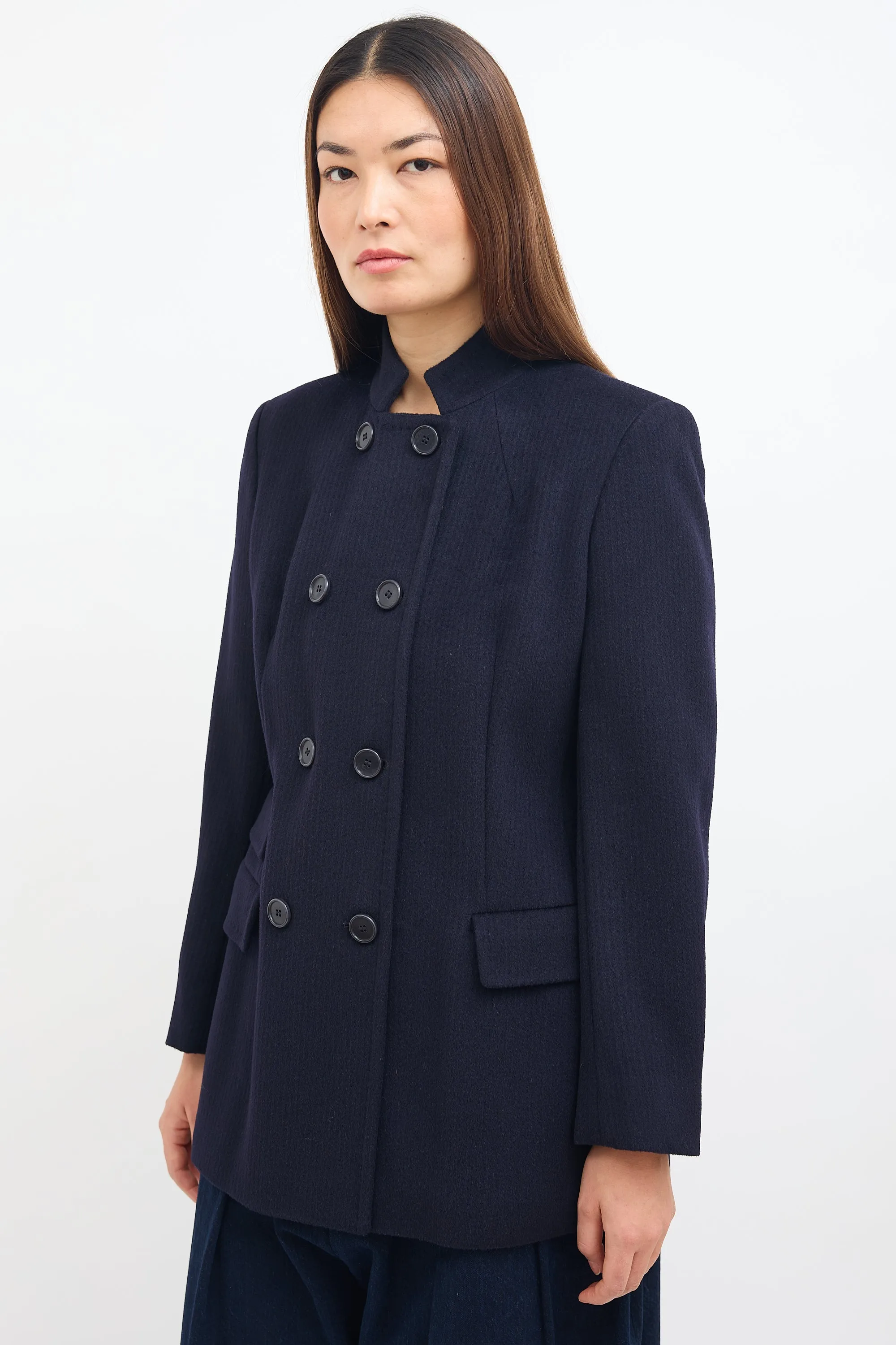 Navy Wool Stand Collar Coat