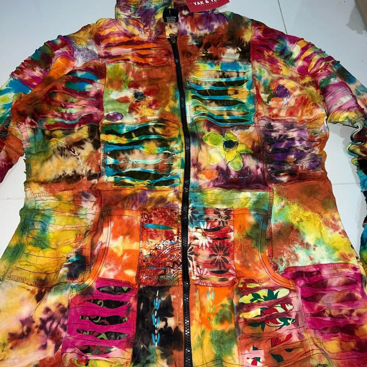 Nepalese Handmade  Multi-Colour Cotton Hoodie Cardigan size XX Large