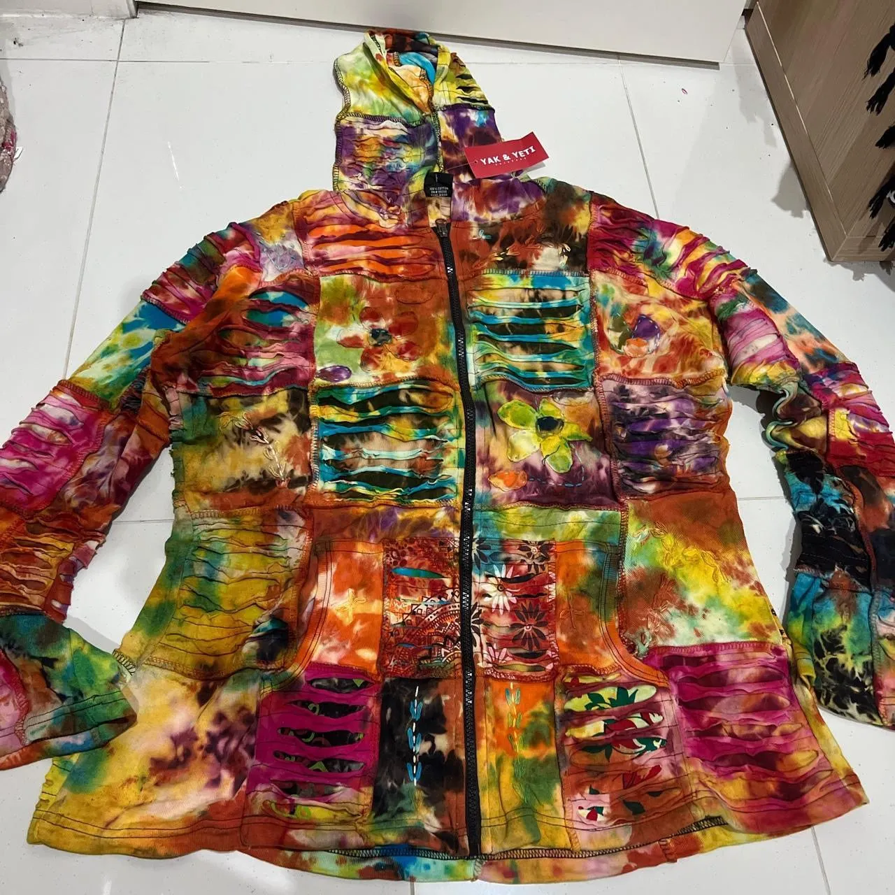 Nepalese Handmade  Multi-Colour Cotton Hoodie Cardigan size XX Large