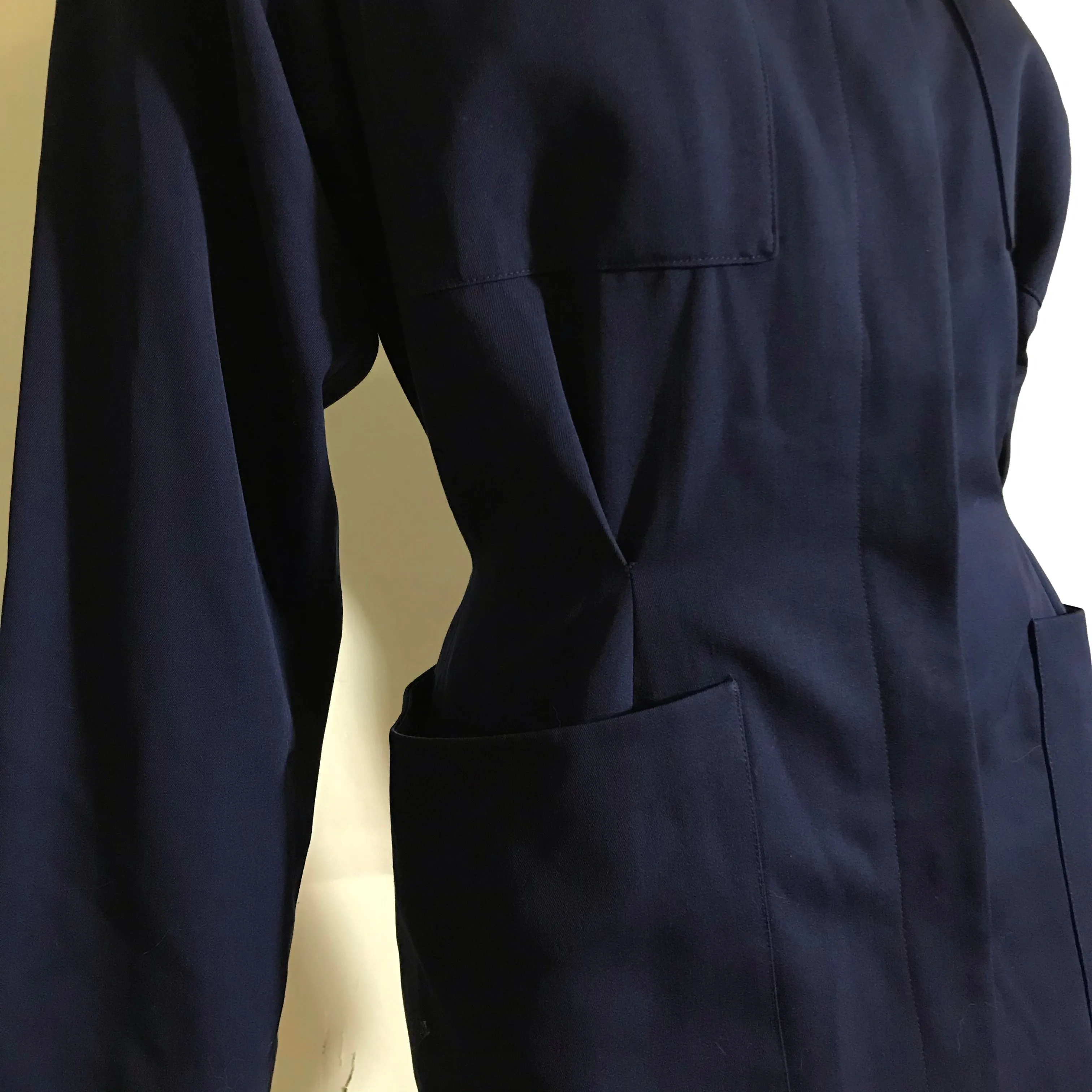 Nipped Waist Blue Wool Pocket Trimmed Suit Jacket circa 1980s