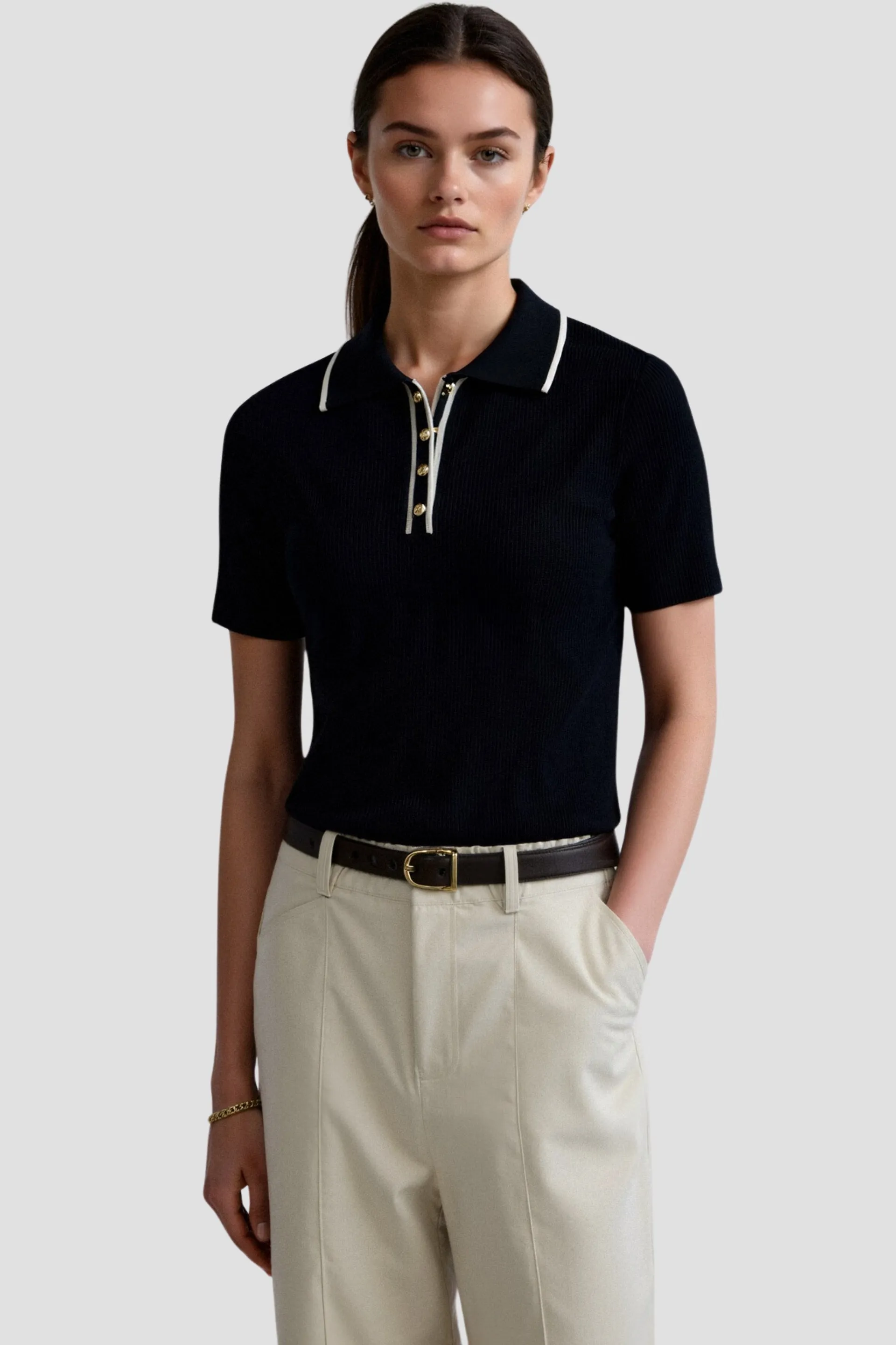 Old Money Contrast Elegant Trim Collared Slim Button Up Polo T-Shirt