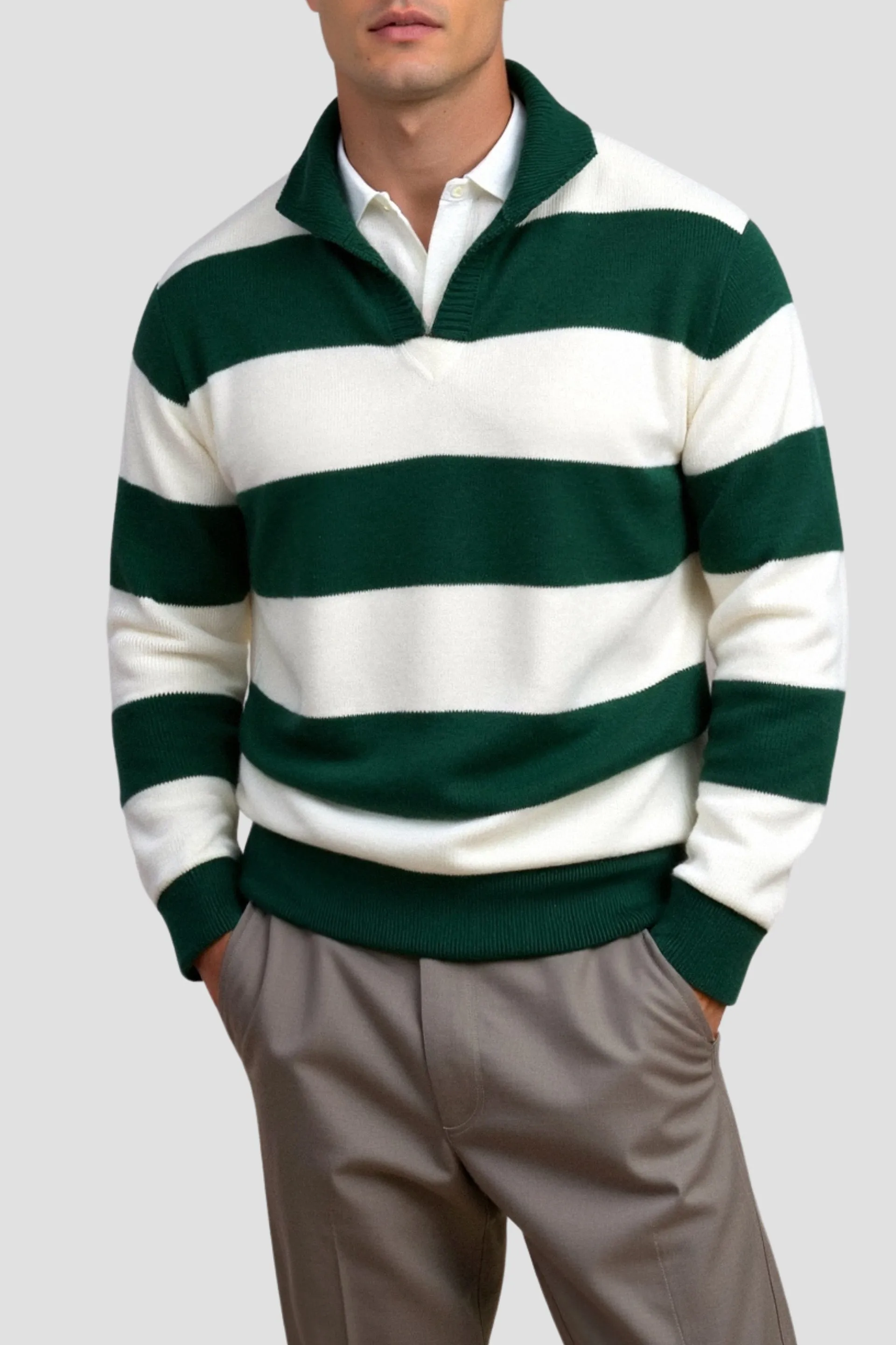 Old Money Green Color Block Striped Knitted Polo Pullover