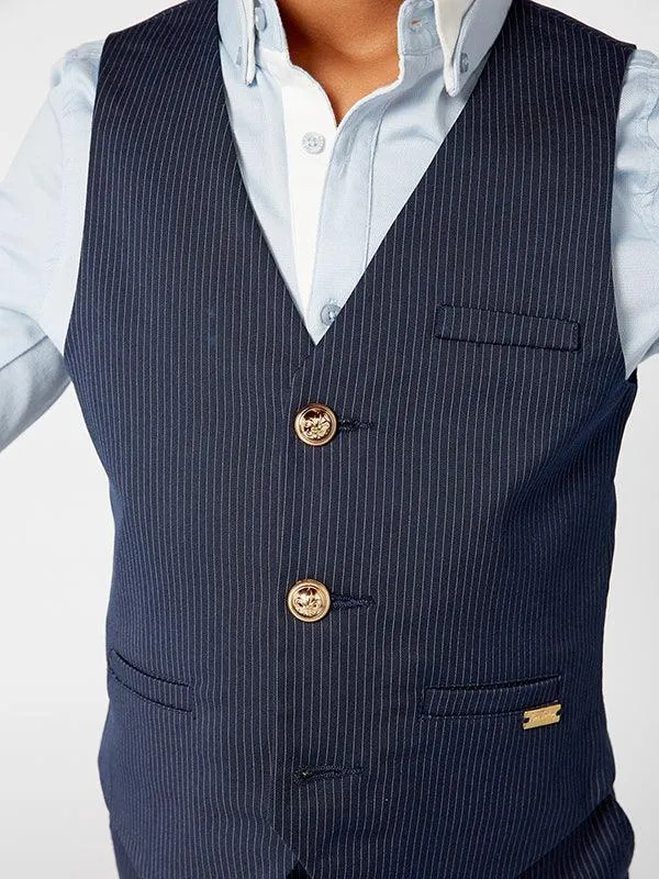 One Friday Navy Blue Stripes Waist Coat