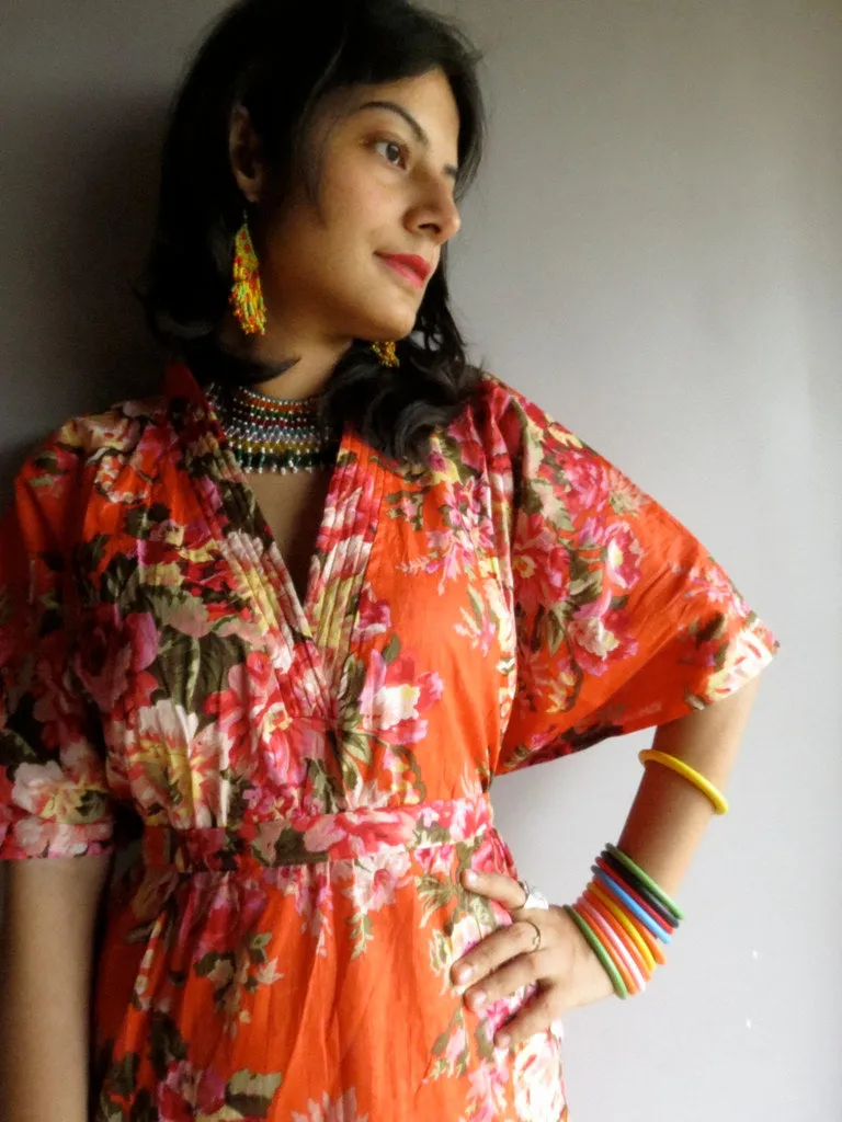 Orange Floral Rosy Red Posy V-Neck, Ankle Length, Cinched Waist Caftan