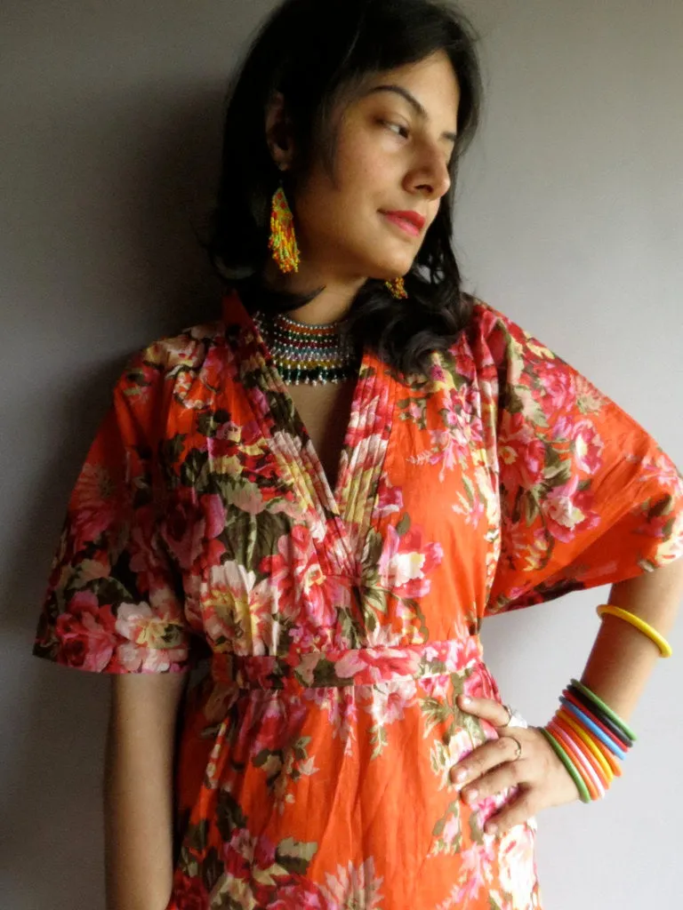 Orange Floral Rosy Red Posy V-Neck, Ankle Length, Cinched Waist Caftan