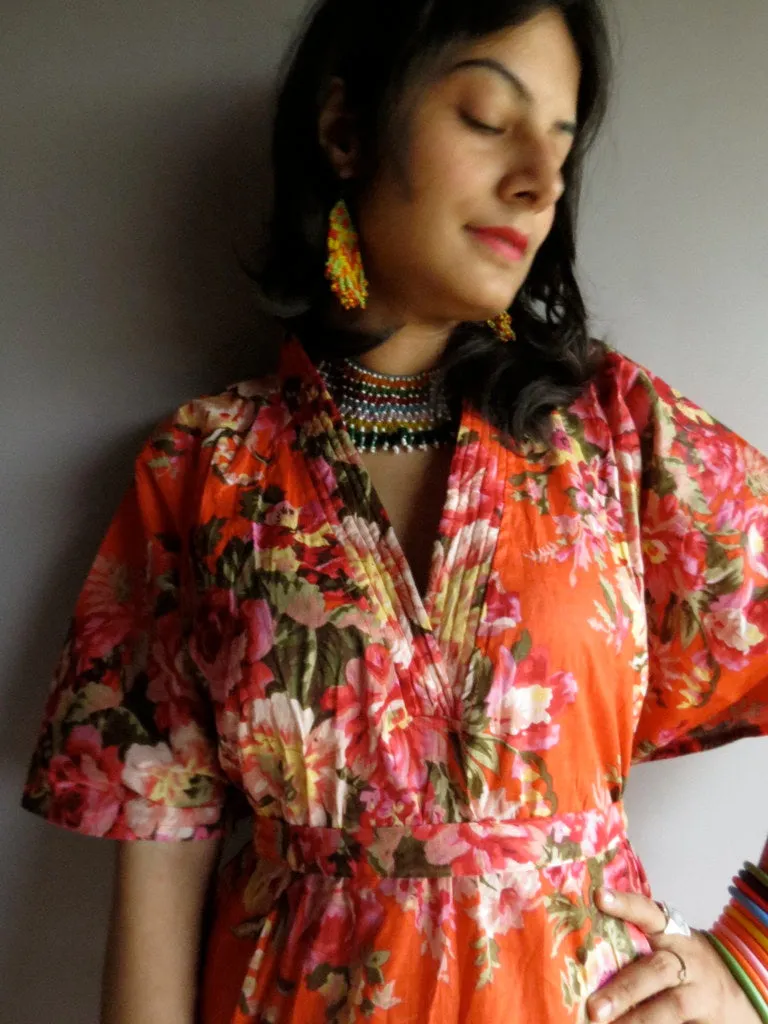 Orange Floral Rosy Red Posy V-Neck, Ankle Length, Cinched Waist Caftan