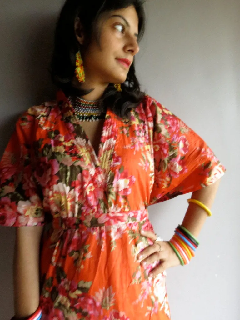 Orange Floral Rosy Red Posy V-Neck, Ankle Length, Cinched Waist Caftan