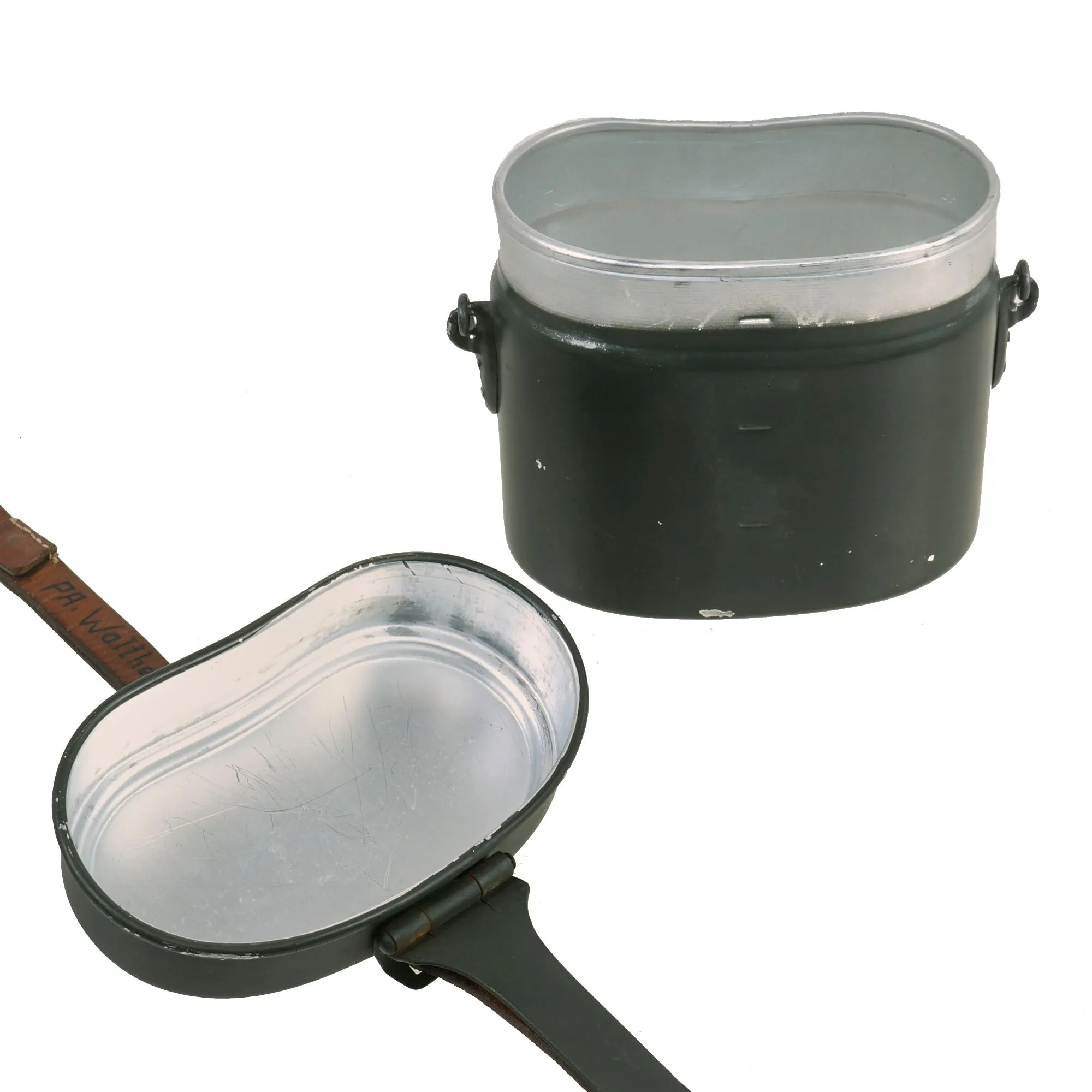 Original German WWII M31 Aluminum Mess Kit Kochgeschirr by Heinrich Ritter with Leather Strap - dated 1943 & 1942