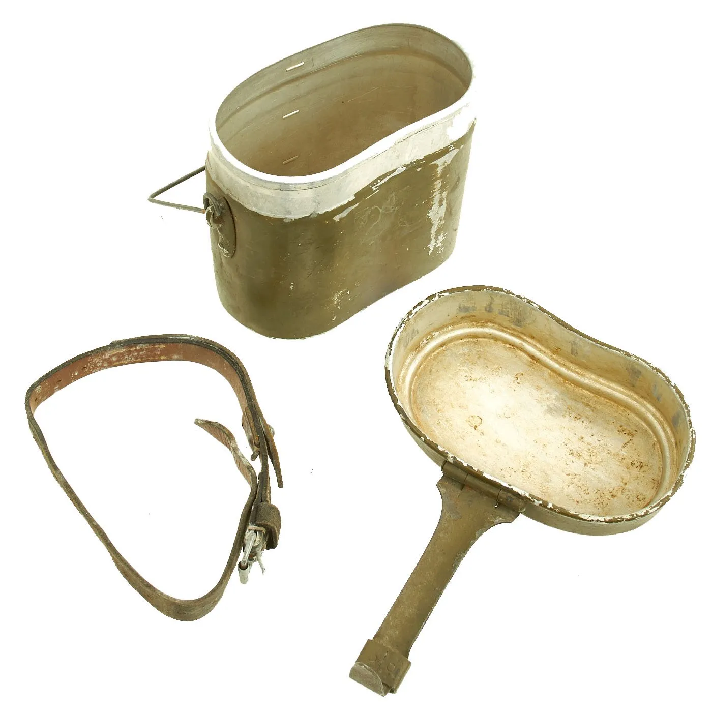 Original German WWII M31 Aluminum Mess Kit Kochgeschirr with Leather Strap - Dated 1941 & 43