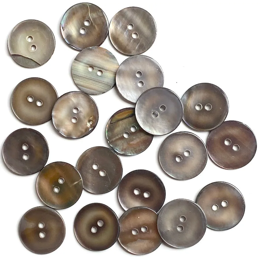 OUTLET ITEM: Chocolate Gray Silvery Melange Pearl Shell, 11/16", Semi-Rustic, 17mm 2-Hole, 175  Buttons   #LP-58-175