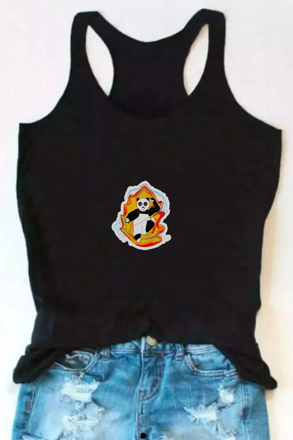 Panda On Fire Print Tank Top In Black