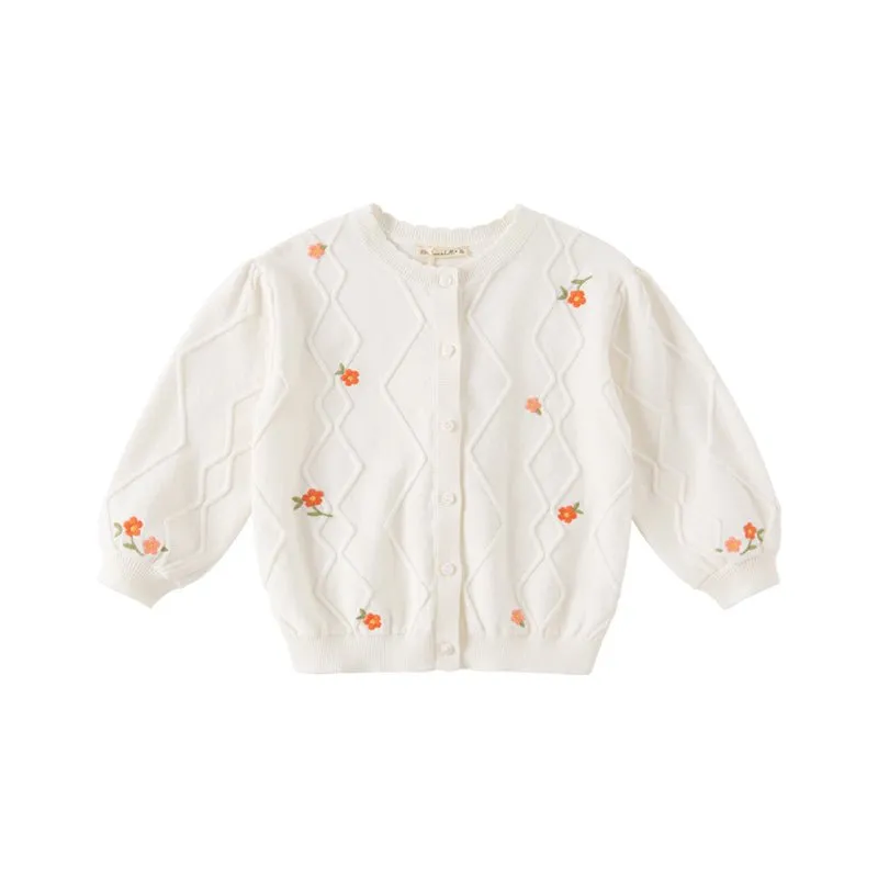 Petal Collar Flower Embroidery Girl Cable Knitted Ivory Cardigan