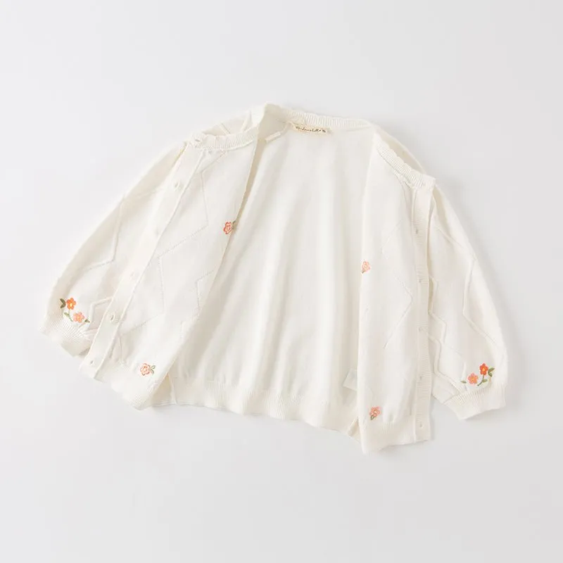 Petal Collar Flower Embroidery Girl Cable Knitted Ivory Cardigan