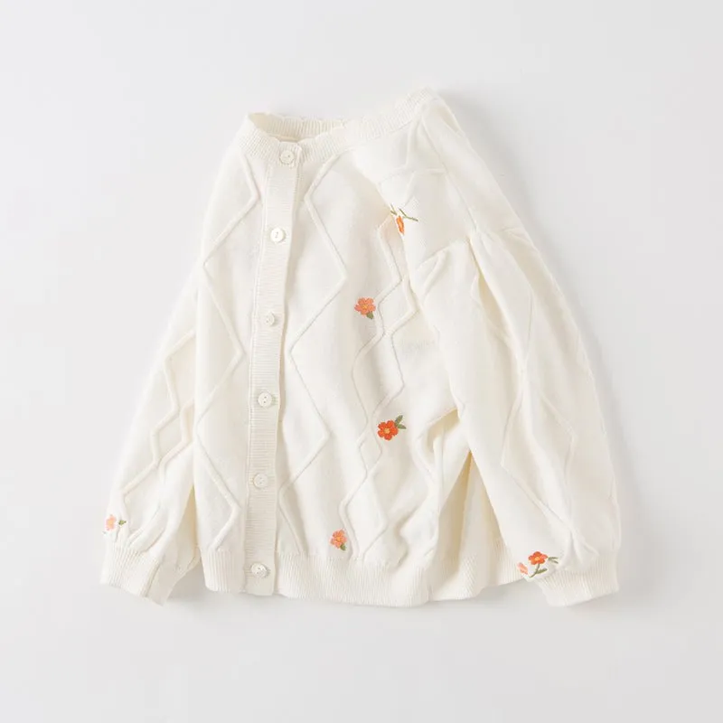 Petal Collar Flower Embroidery Girl Cable Knitted Ivory Cardigan