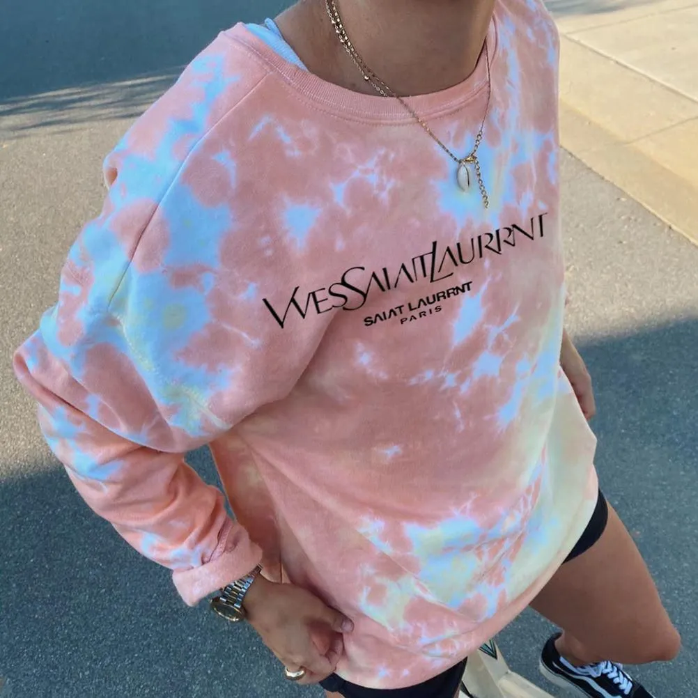 Pink Bleach Tie Dye Sweater Letters Printed Dyed Sweatshirt