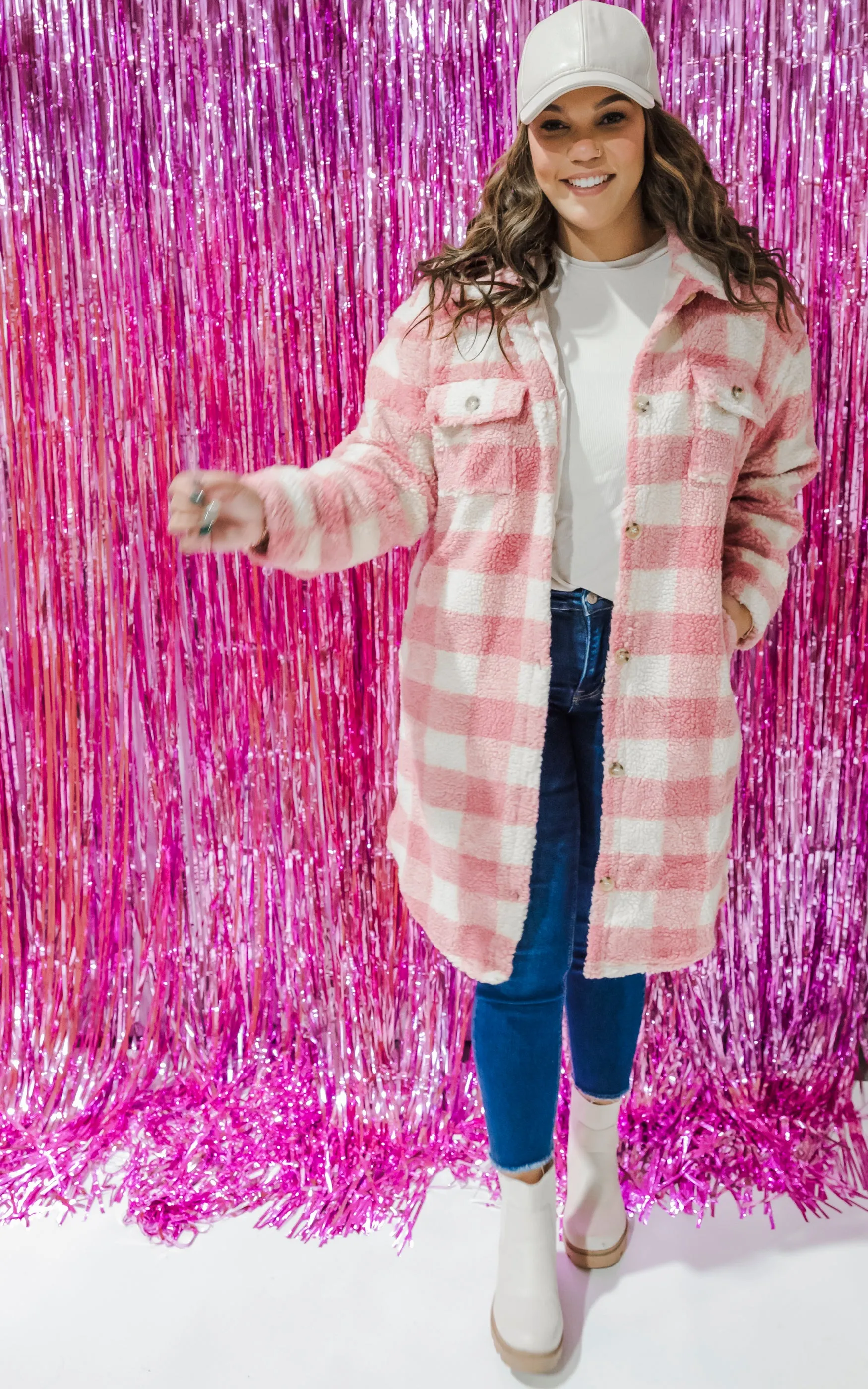 Pink Cream Plaid Long Sherpa Jacket