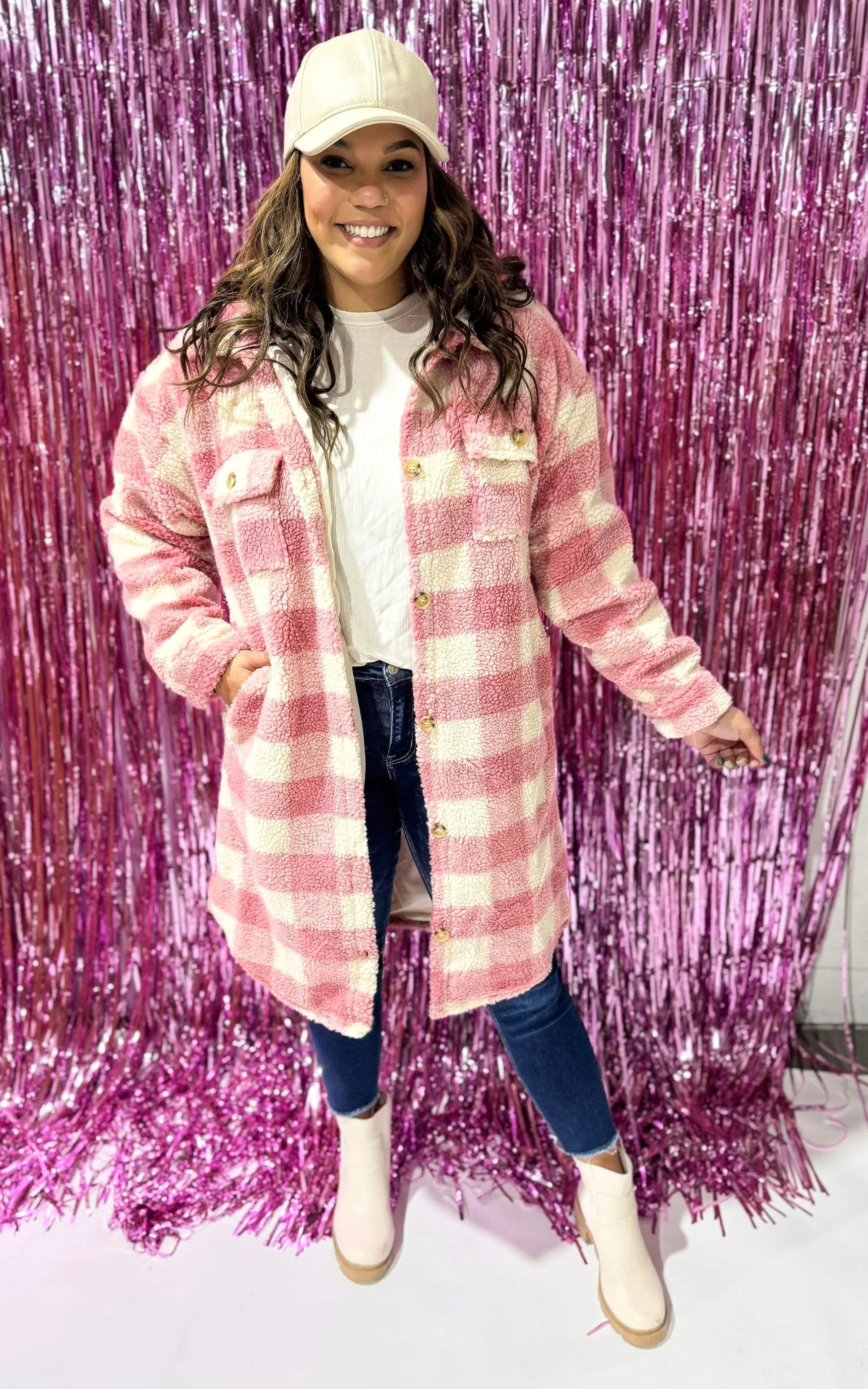 Pink Cream Plaid Long Sherpa Jacket