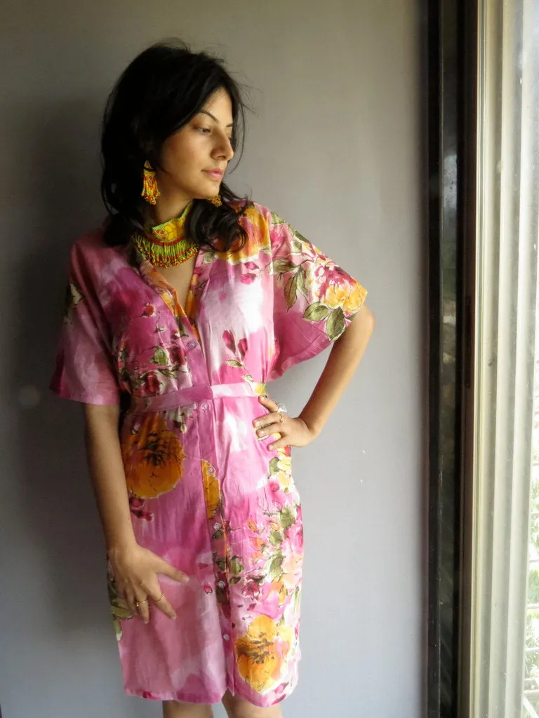 Pink Multicolor Big Flower V-Neck Button Down to Waist, Knee Length, Cinched Waist Caftan