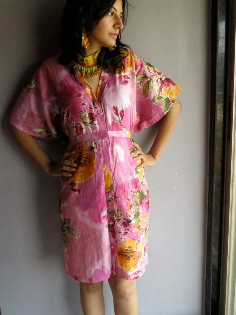 Pink Multicolor Big Flower V-Neck Button Down to Waist, Knee Length, Cinched Waist Caftan