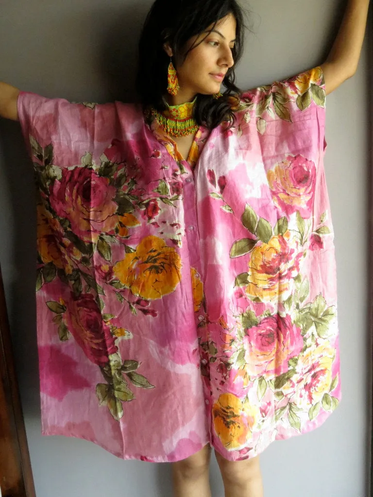 Pink Multicolor Big Flower V-Neck Button Down to Waist, Knee Length, Cinched Waist Caftan