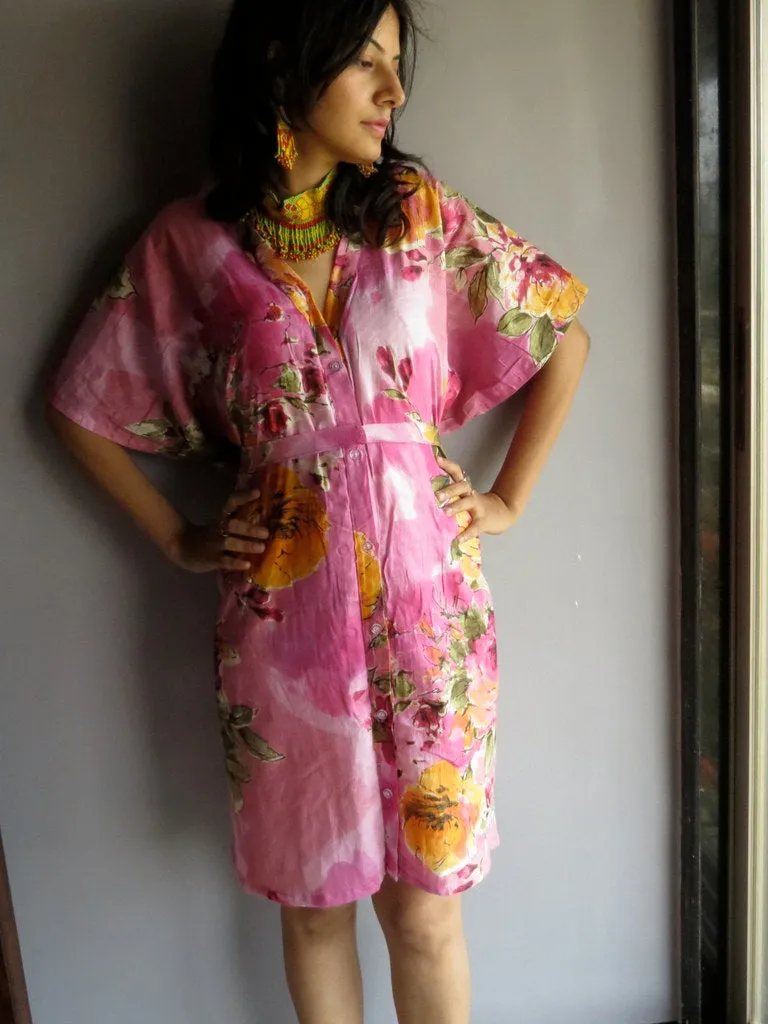 Pink Multicolor Big Flower V-Neck Button Down to Waist, Knee Length, Cinched Waist Caftan