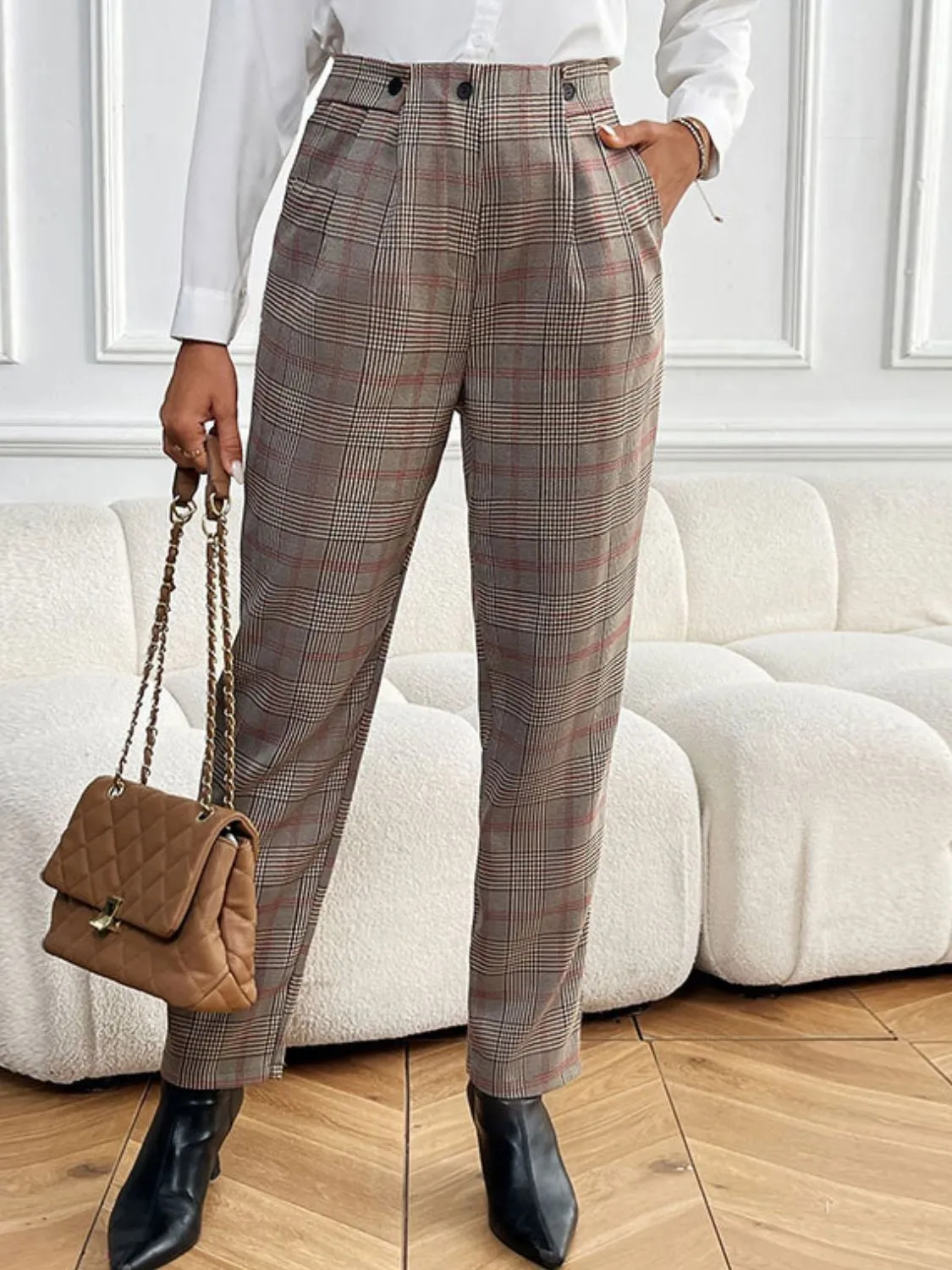 Plaid Straight Pants with Pockets