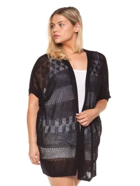 Plus Size Black Short Sleeve Cut Out Cardigan