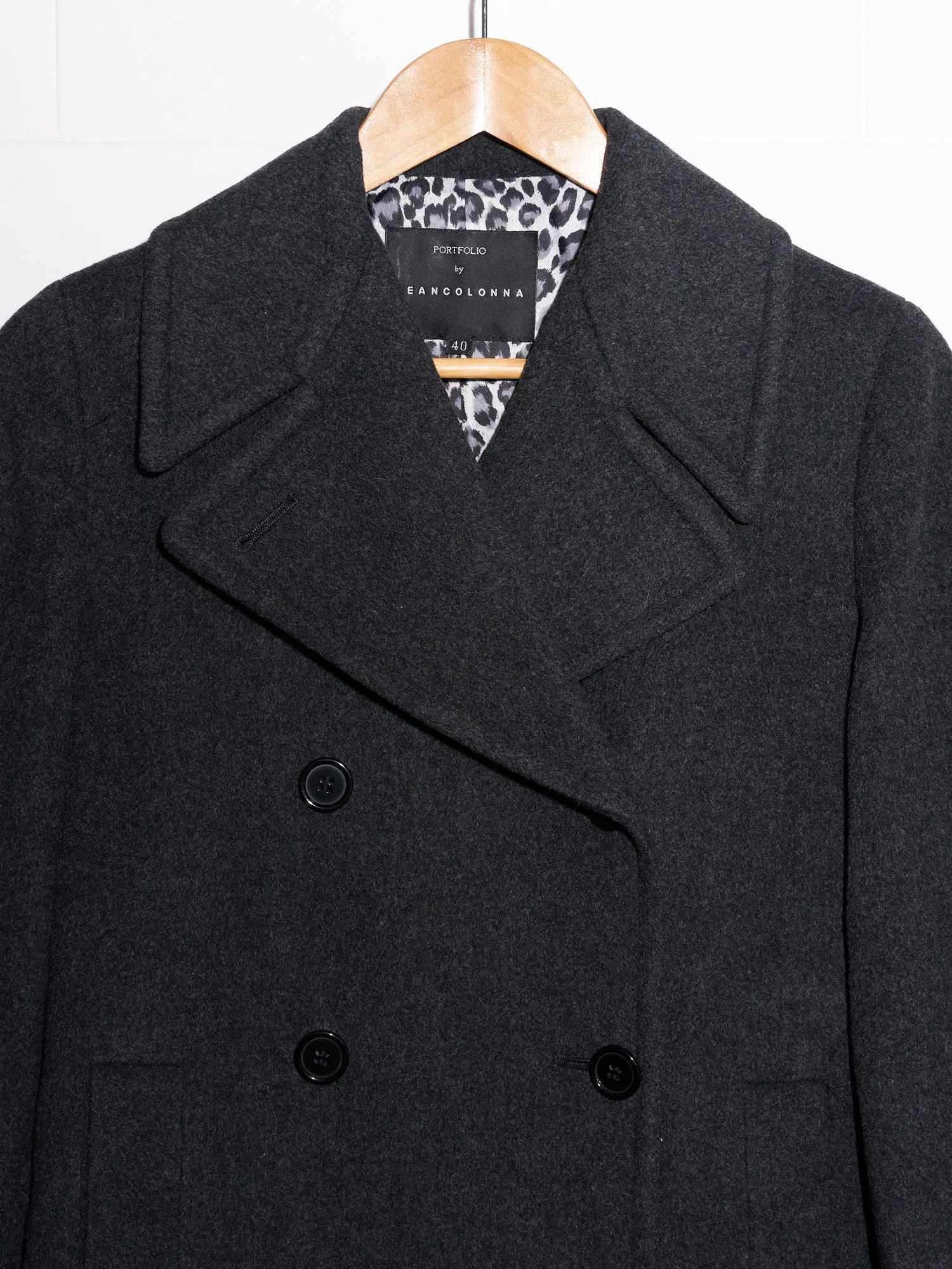 Portfolio by Jean Colonna grey melton wool overcoat with leopard print lining