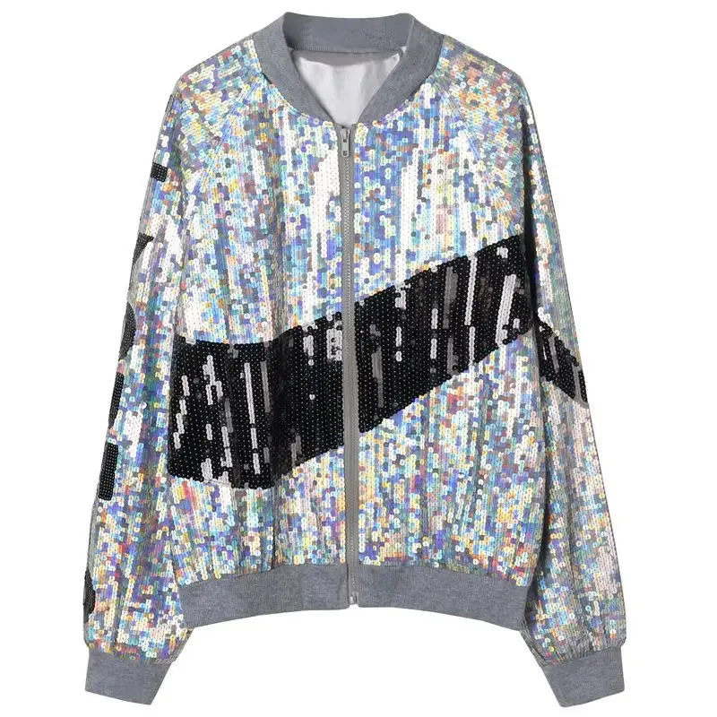 Pre Order:  Glossy Sequin Silver Bomber Jacket