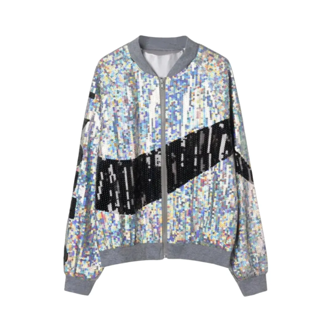 Pre Order:  Glossy Sequin Silver Bomber Jacket