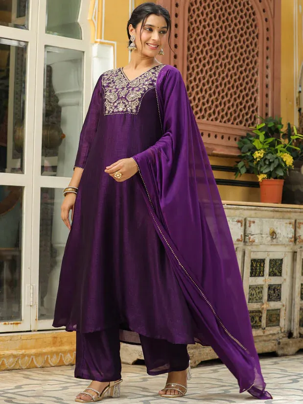 Purple Silk Blend Yoke Embroidered A Line Suit Set with Naznin Dupatta