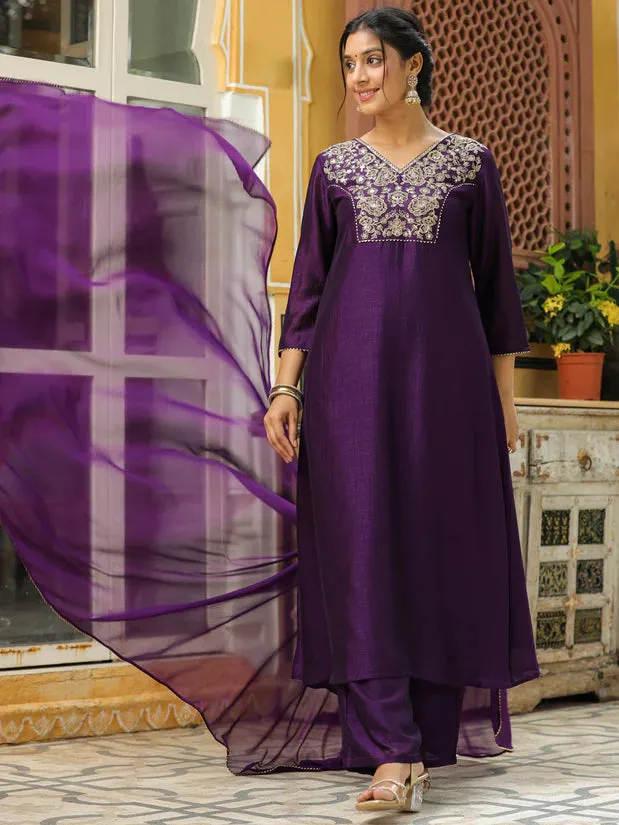 Purple Silk Blend Yoke Embroidered A Line Suit Set with Naznin Dupatta