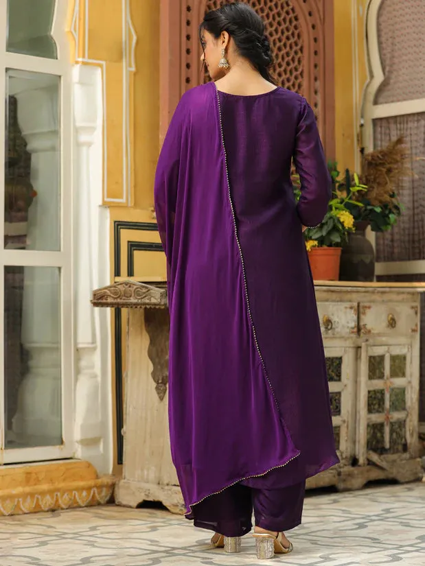 Purple Silk Blend Yoke Embroidered A Line Suit Set with Naznin Dupatta