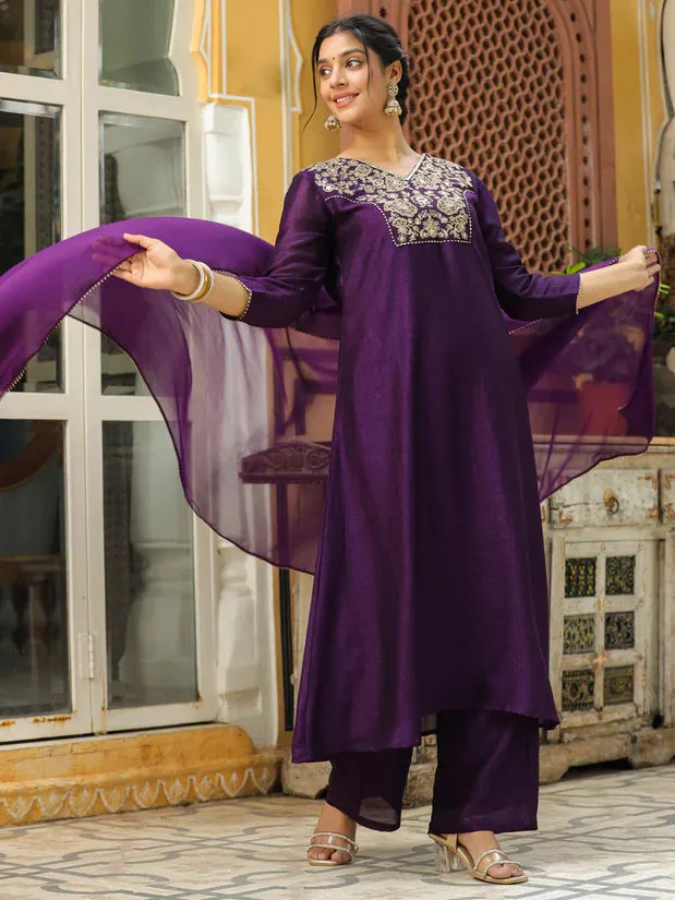 Purple Silk Blend Yoke Embroidered A Line Suit Set with Naznin Dupatta