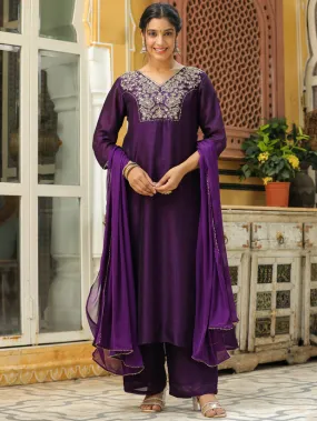 Purple Silk Blend Yoke Embroidered A Line Suit Set with Naznin Dupatta