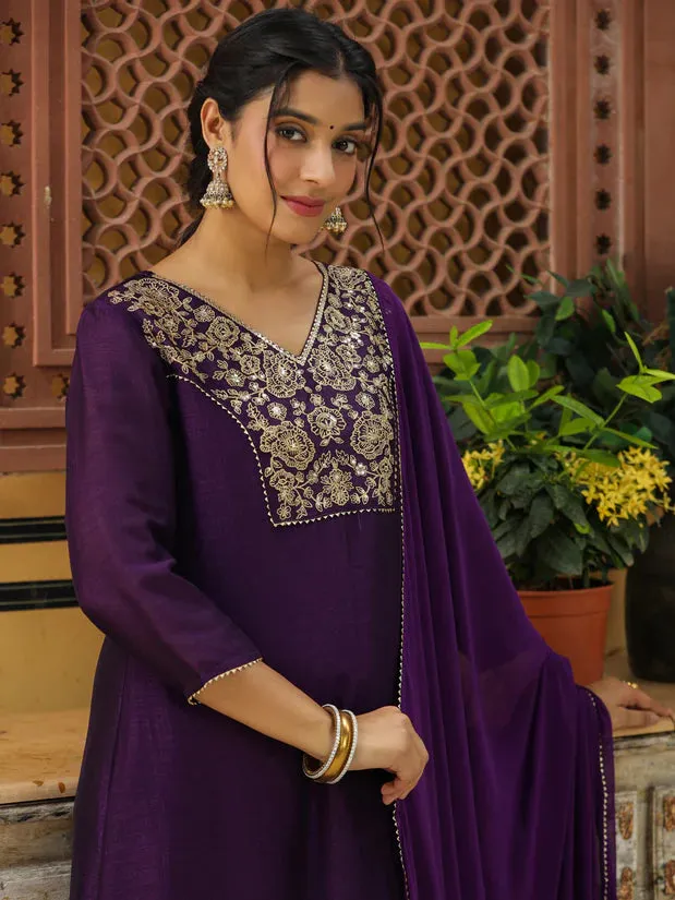 Purple Silk Blend Yoke Embroidered A Line Suit Set with Naznin Dupatta