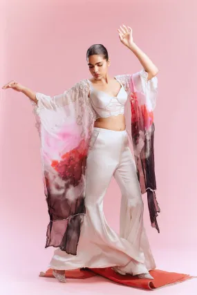 "Amaya" Chiffon Watercolored Cape with Satin Pants and a Bustier