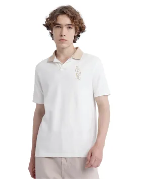 Rare Rabbit Men's Amber-1 Off White Cotton Blend Fabric Short Sleeve Collared Neck Relaxed Fit Hd Print Polo