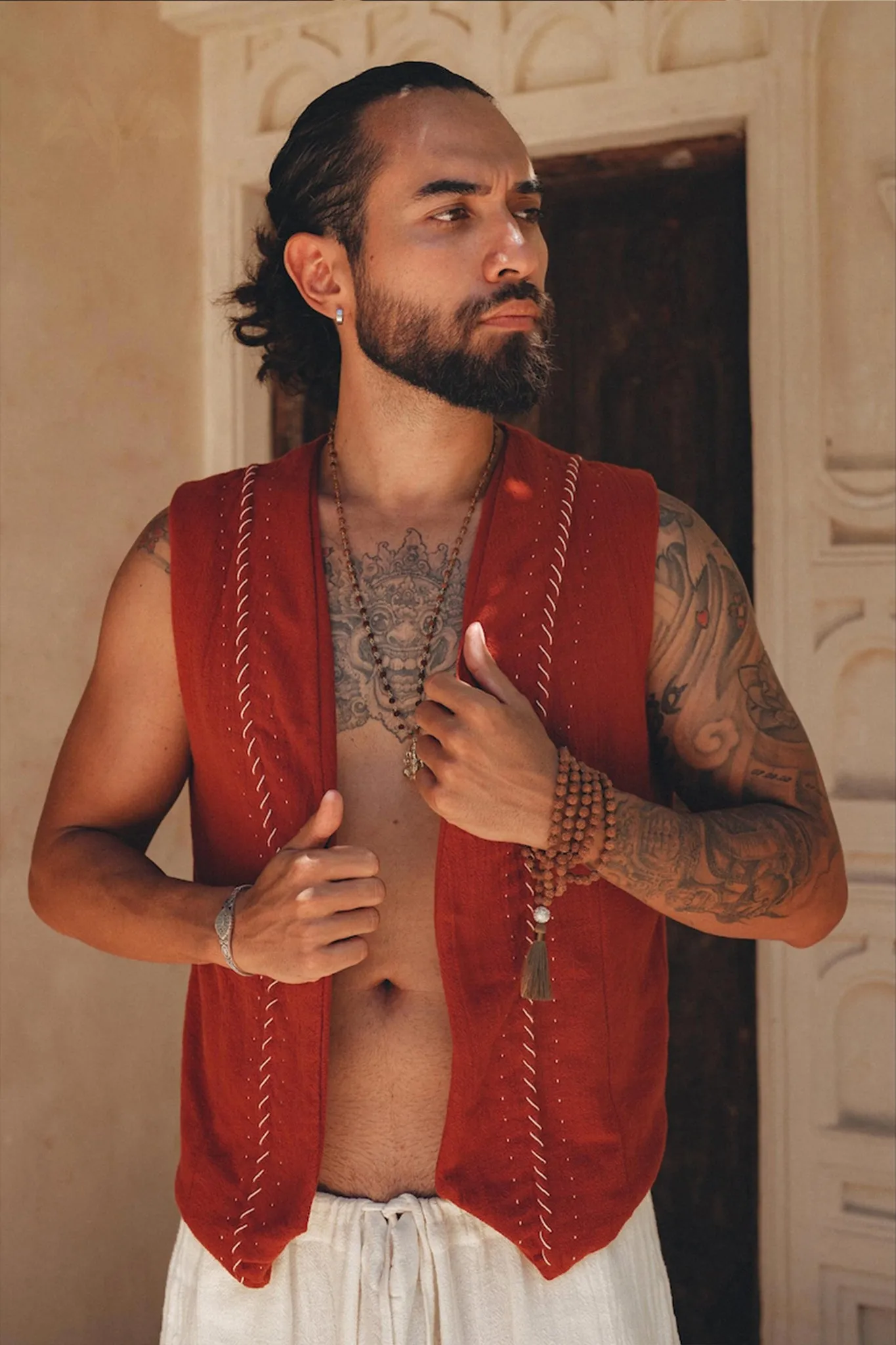 Red Hand Embroidered Vest for Men