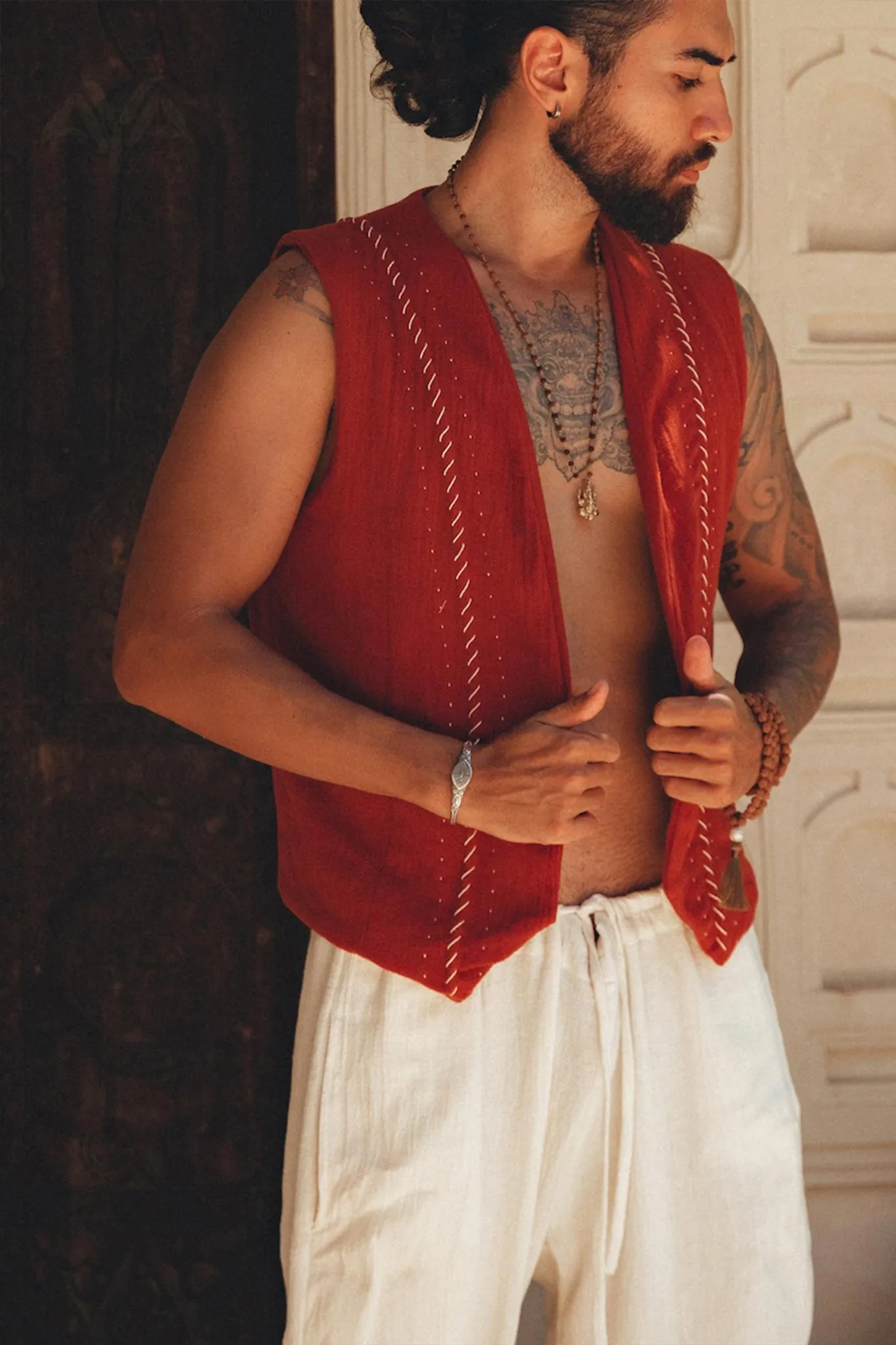 Red Hand Embroidered Vest for Men