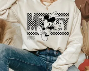 Retro Checkered Mouse Crewneck Sweatshirt for Women