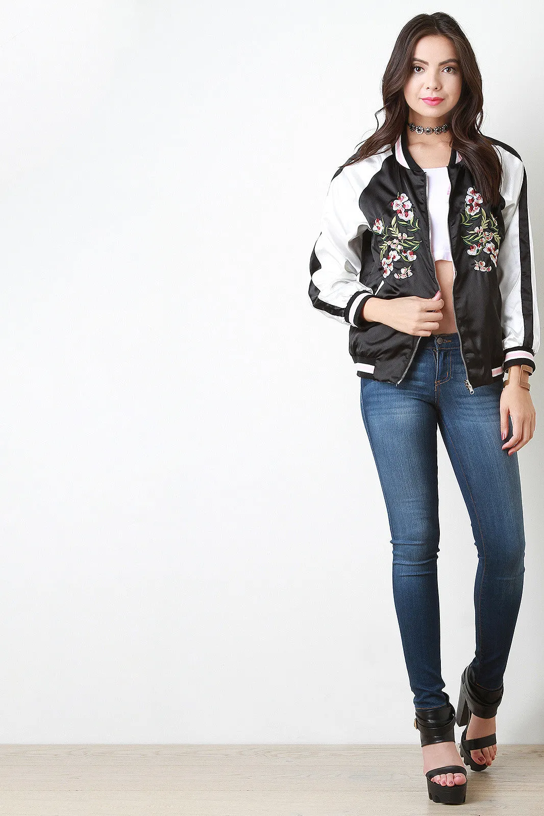 Reversible Charmeuse Embroidered Bomber Jacket