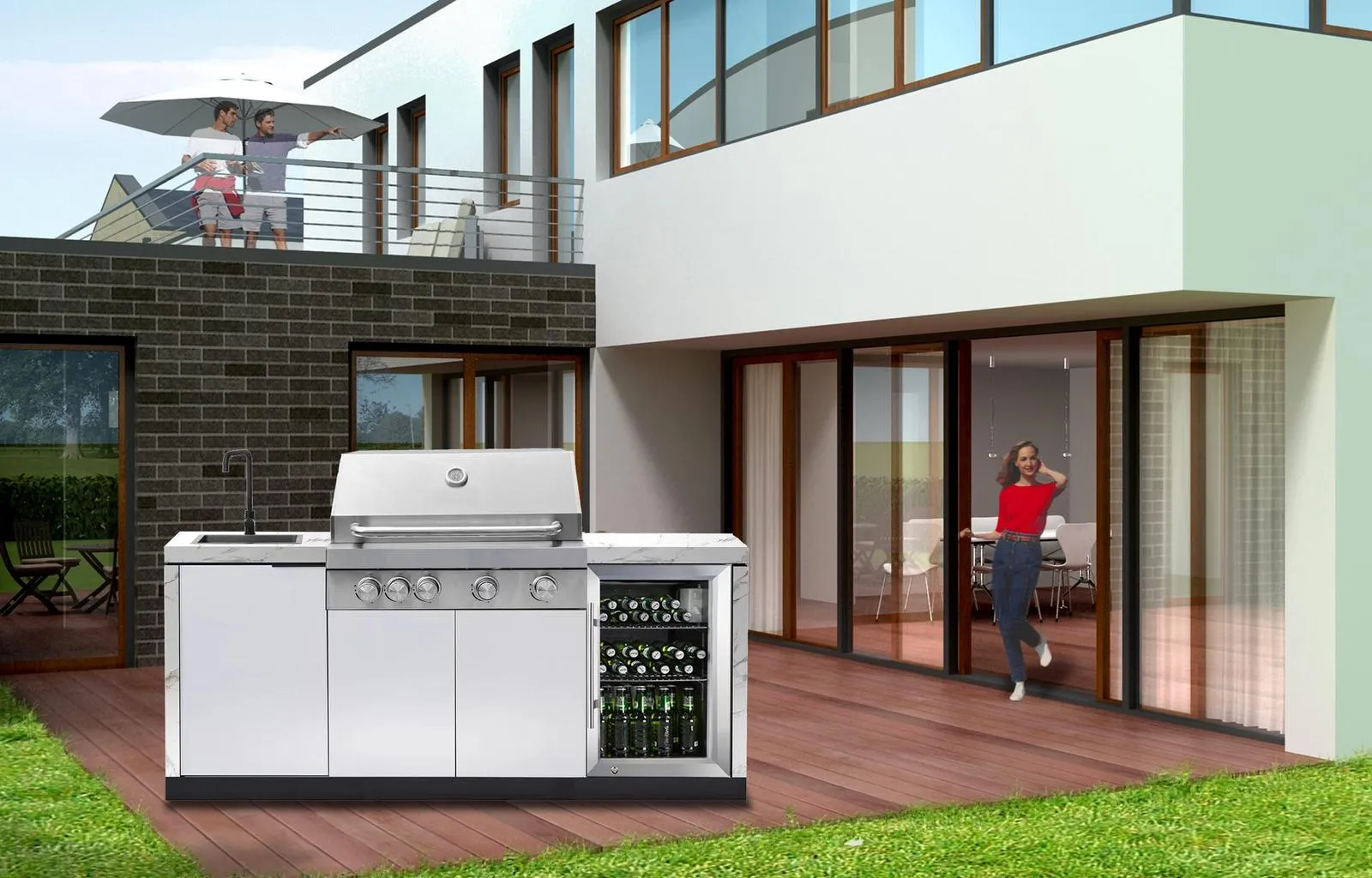 Rockpool White 4B: Designer Outdoor BBQ Kitchen Matt White Stone   White Doors, Fridge & Sink