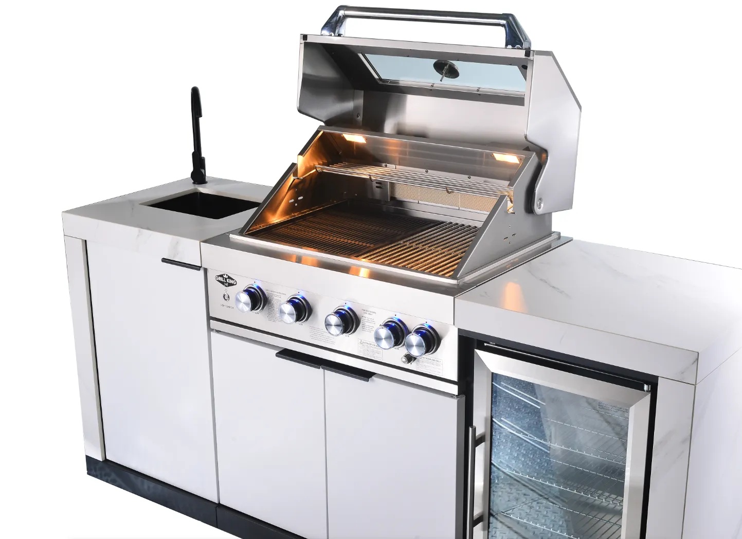 Rockpool White 4B: Designer Outdoor BBQ Kitchen Matt White Stone   White Doors, Fridge & Sink