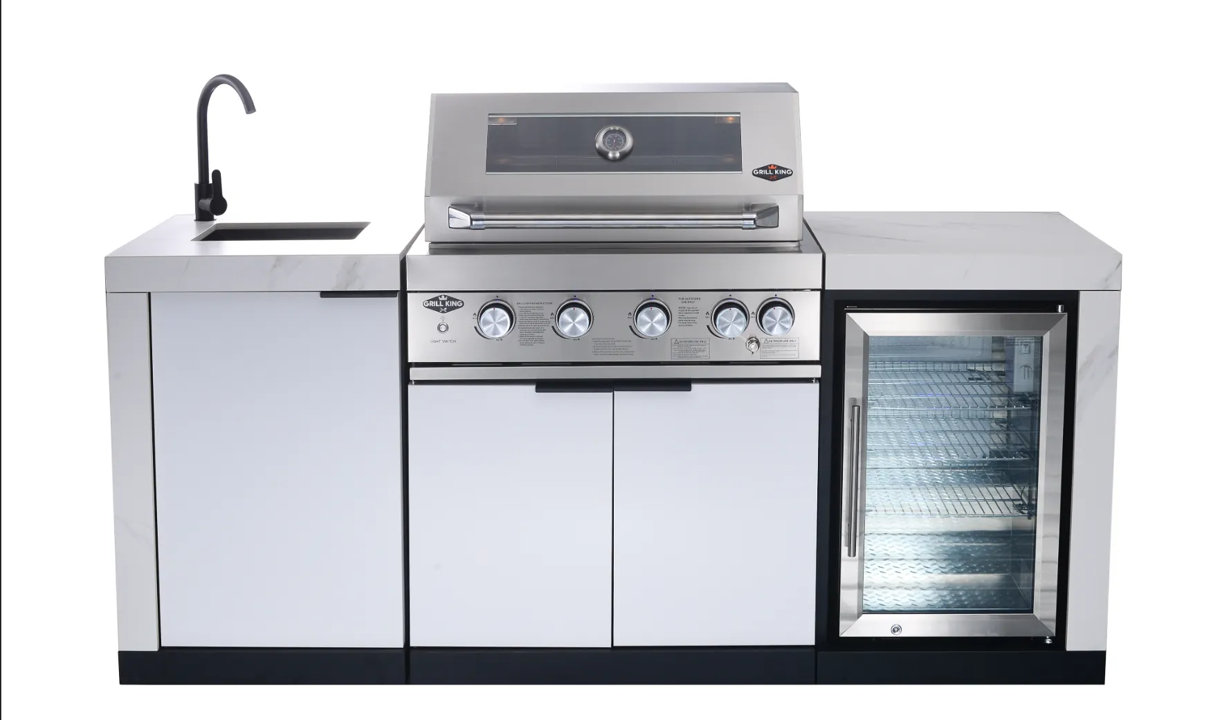 Rockpool White 4B: Designer Outdoor BBQ Kitchen Matt White Stone   White Doors, Fridge & Sink