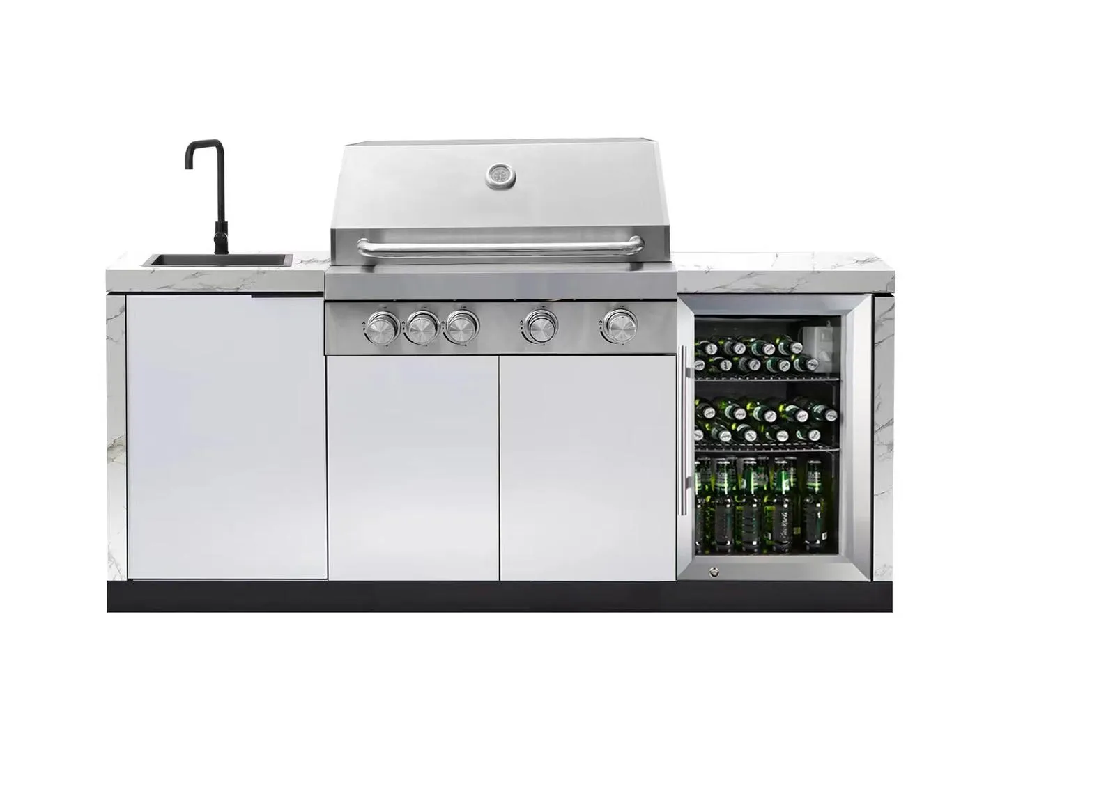 Rockpool White 4B: Designer Outdoor BBQ Kitchen Matt White Stone   White Doors, Fridge & Sink