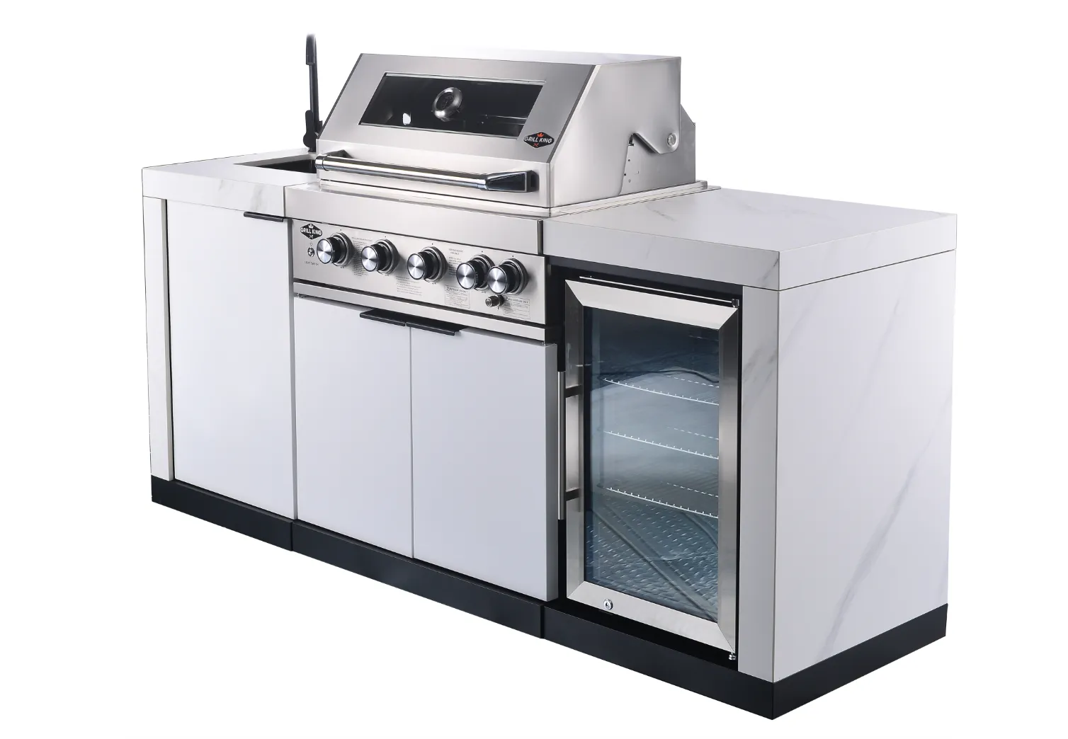 Rockpool White 4B: Designer Outdoor BBQ Kitchen Matt White Stone   White Doors, Fridge & Sink