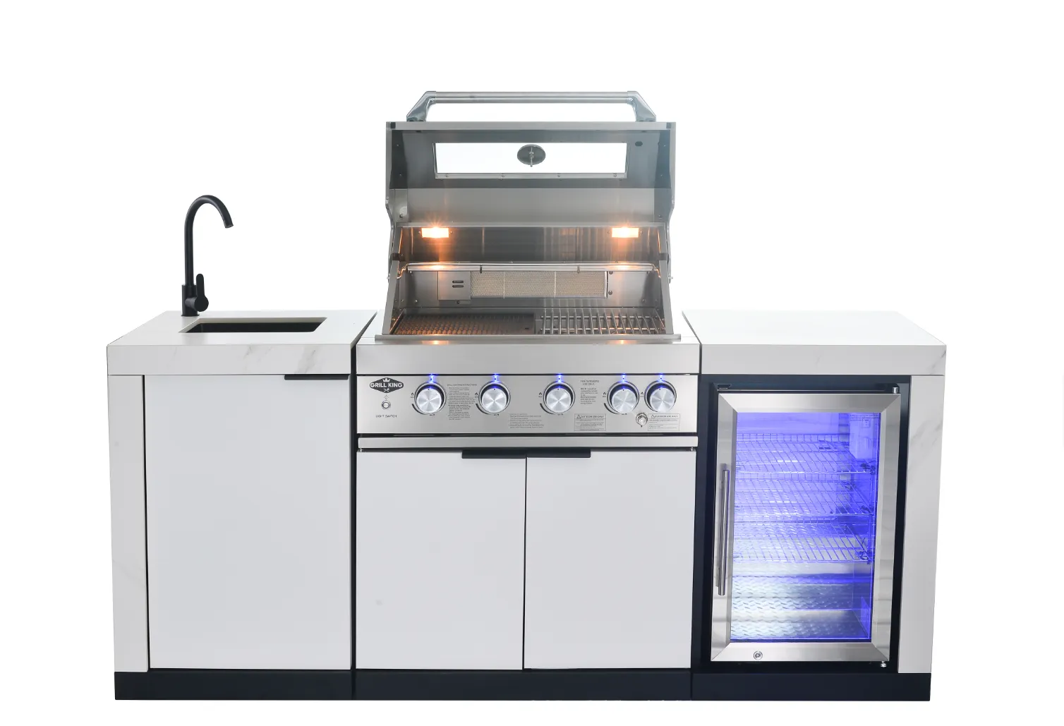 Rockpool White 4B: Designer Outdoor BBQ Kitchen Matt White Stone   White Doors, Fridge & Sink