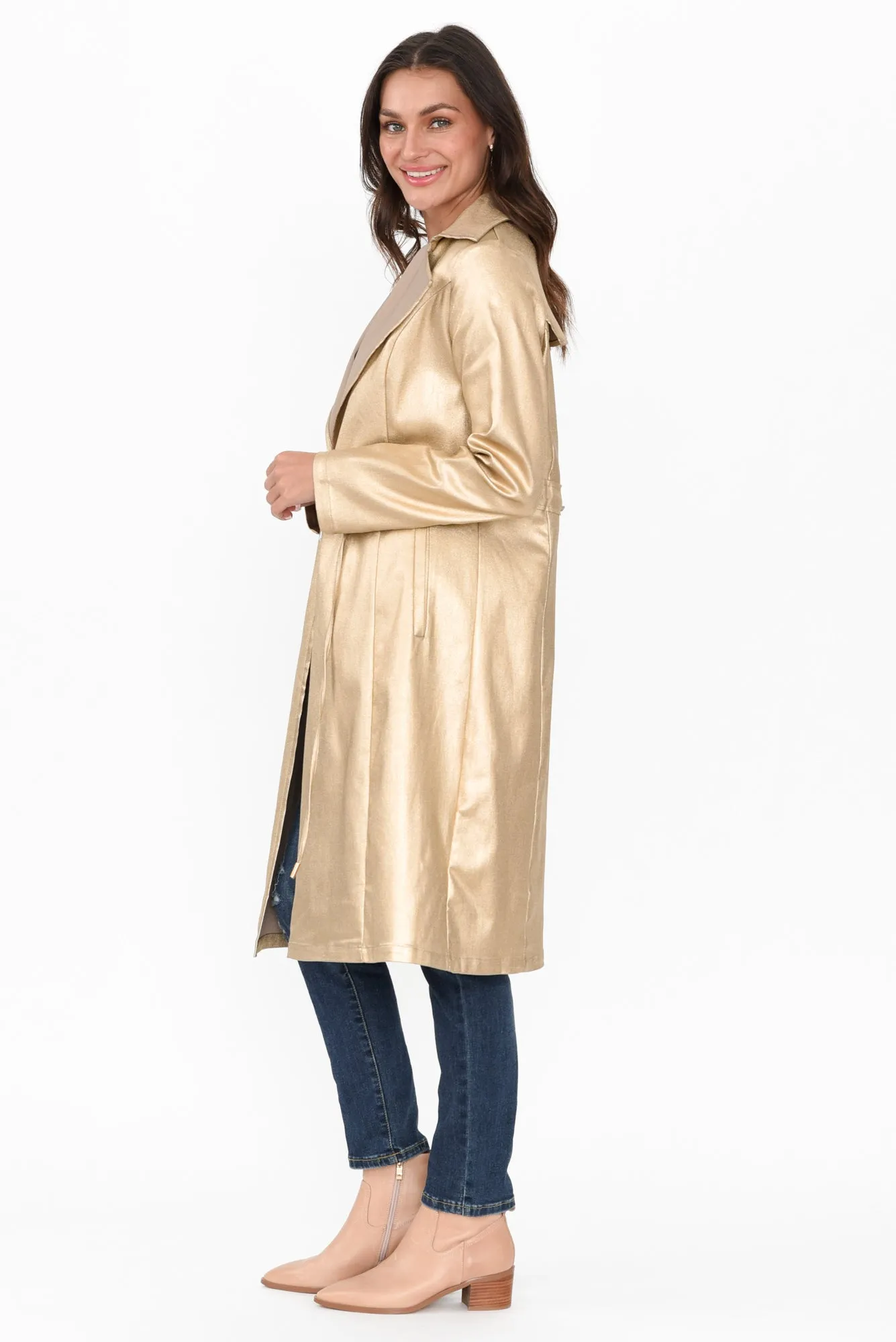 Rois Gold Faux Leather Trench Coat